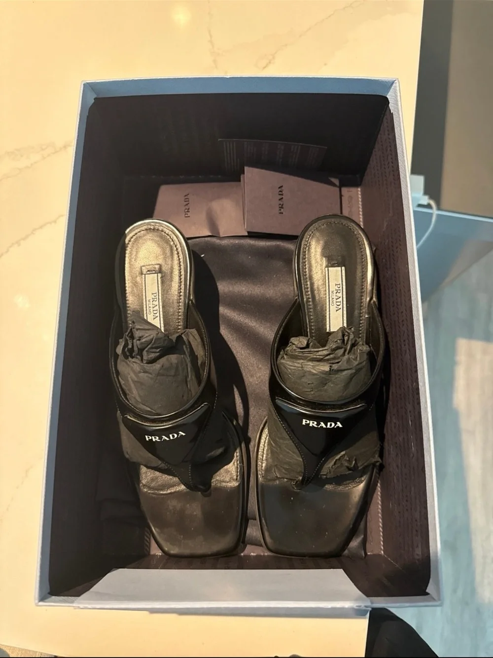 Prada Black Leather Square Toe Thong Mules